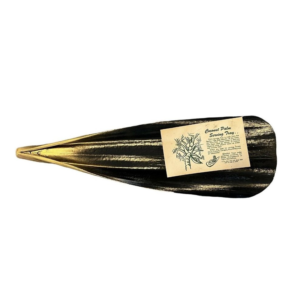 Vintage Coconut Palm Serving Tray 1950's Black Gold Spathe Bud Sheath